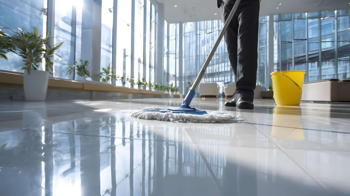 Commercial cleaner mopping a polished office lobby floor